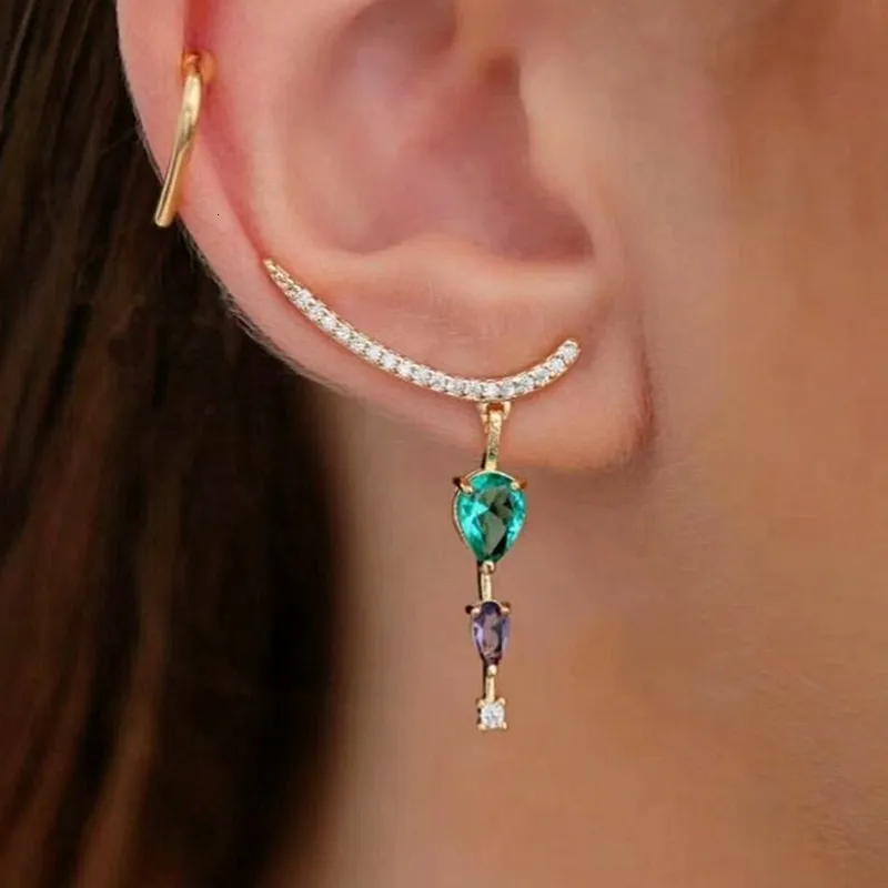 Dangle Chandelier Gold Color copper Stud Earings Tiny white Cubic zirconia Green Colorful Crystal Glass Water Drop Pendant CZ Fashion Jewelry 230413