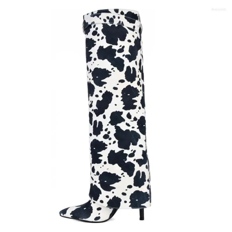 Sandales d'automne et d'hiver à motif noir et blanc, bottes hautes à bout pointu, talons à la mode, manches larges pour femmes