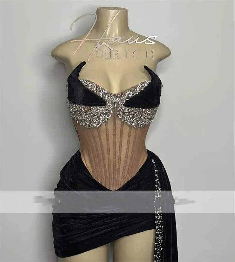 Zwarte prom sexy jurk veet kristal kralen verjaardagsfeestje staart jurk homecoming robe de bal veter omhoog terug