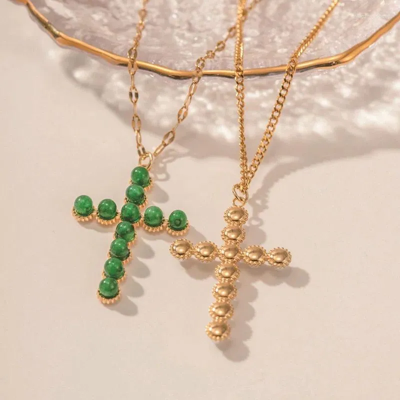 Pendant Necklaces Minar Punk Faux Pearl Green Natural Stone Cross For Women Man Unisex 18K Gold Plated Titanium Steel Choker