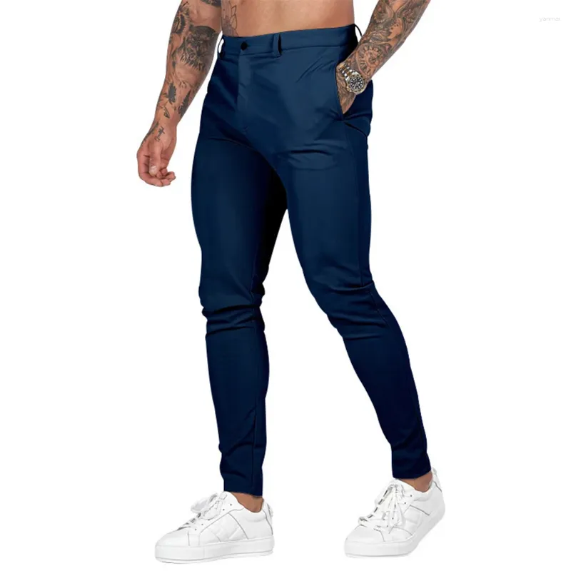 Pantalon pour hommes Automne Casual Bouton formel Stretch Skinny Slim Fit Joggers Sport Pantalon d'entraînement Leggings Crayon