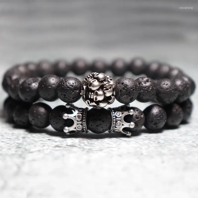 Strand Noter Hiphop Rock Herren Perlenarmband Echter natürlicher Vulkanstein Braslet Homme Boy Gothic Skull Braclet Mirco Crystal Brazalete