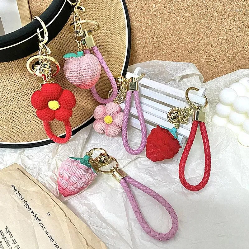 Porte-clés mignon fraise fleur lanière porte-clés fruits porte-clés pendentif pour femmes filles sac ornement voiture porte-clés accessoires cadeau de fête