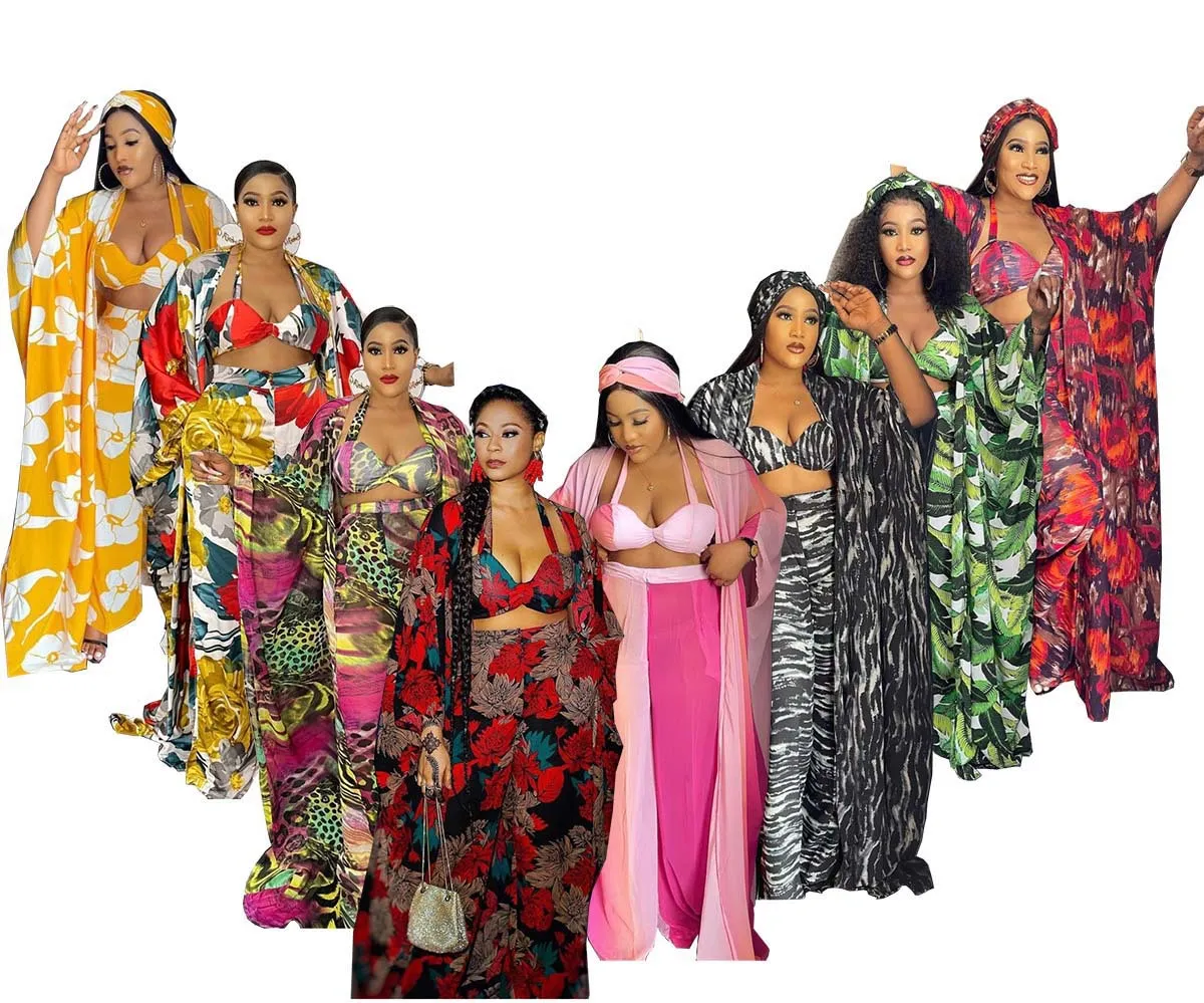 Robe ample avec pantalon ample et soutien-gorge et foulard, ensemble de 4 pièces pour femmes africaines, fourniture transfrontalière, impression numérique