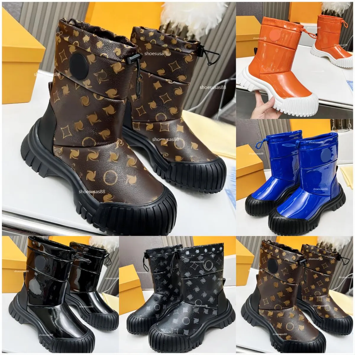 Designerski buty śnieżne Chunky Winter Bot Kobiety luksusowe gumowe grube, zwykłe, ciepłe wełniane deszczowe deszcz