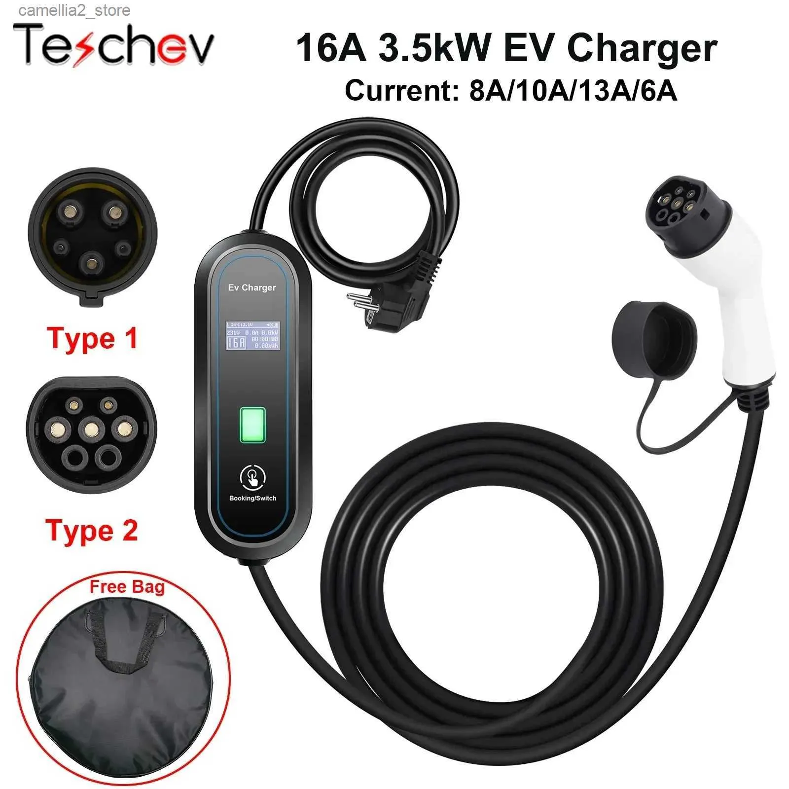 Electric Vehicle Accessories Teschev 220V 230V Level 2 EV Laddare Typ 2 16A 3,5 kW GBT Electric Car Charging Cable J1772 Typ 1 Wallbox för elfordon Q231113