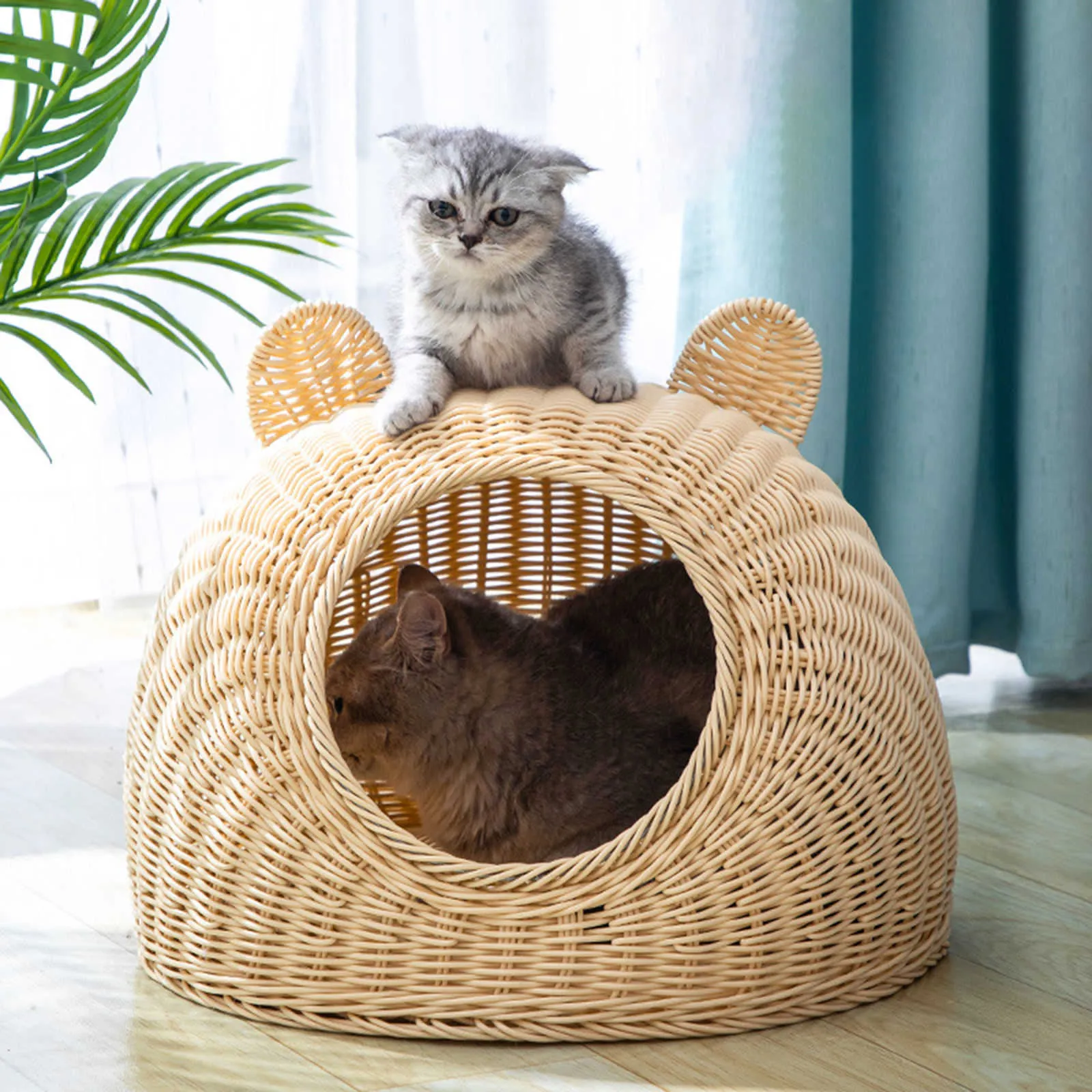 Móveis para camas de gato er Cama para gato interior moderno Cabana refúgio para gatos Casas de rattan Animais de estimação em cesta de cúpula Lavável Play House Gaiola Canil Brinquedo W0413