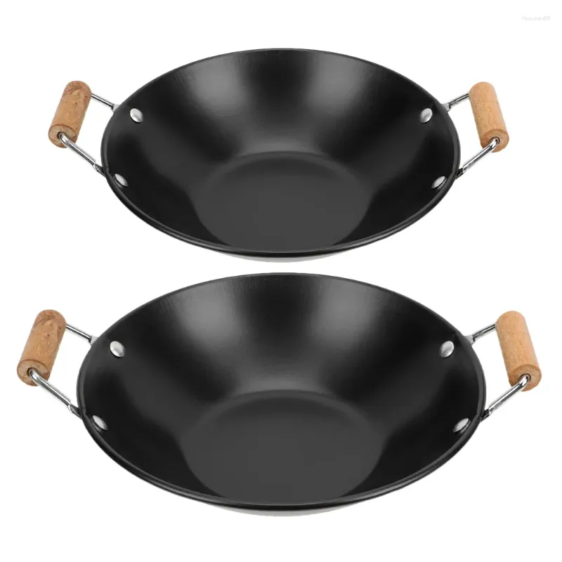 Pannor 2 datorer rostfritt stål griddle non stick skillet lock hushåll matlagning kruka trähandtag spis torra wok kök krukor