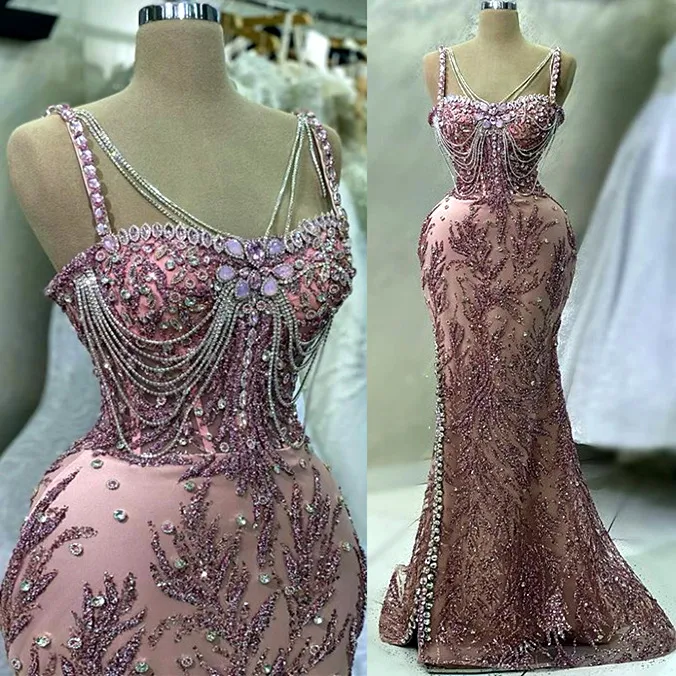 2023 April Aso Ebi Mermaid Pink Prom Dress Beaded Crystals Evening Formal Party Second Reception Birthday Engagement Gowns Dresses Robe De Soiree ZJ5221