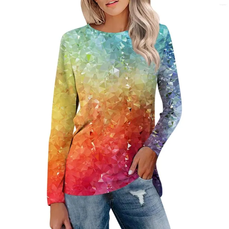 Kvinnors T-skjortor 2023 Fashion Shirt 3D Print Gradient Mönster Toppar O-Neck Pullover Långärmad Y2K-kläder för flickor Sweatshirt