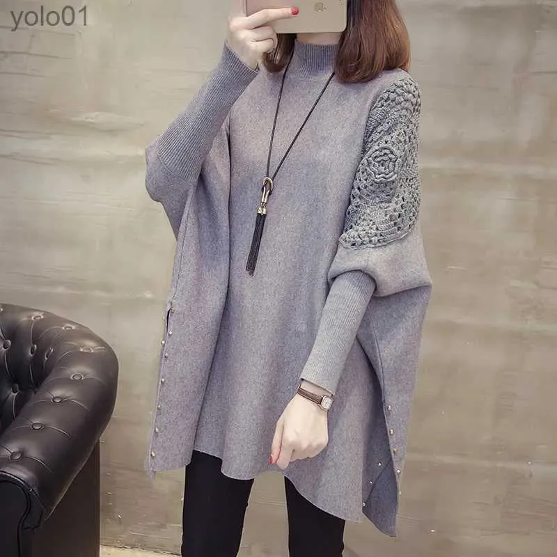 Kvinnors tröjor 2023 Autumn and Winter New Loose Sweater Coat Women's Half High Collar Pullover Wrap Swing Beadingl231113