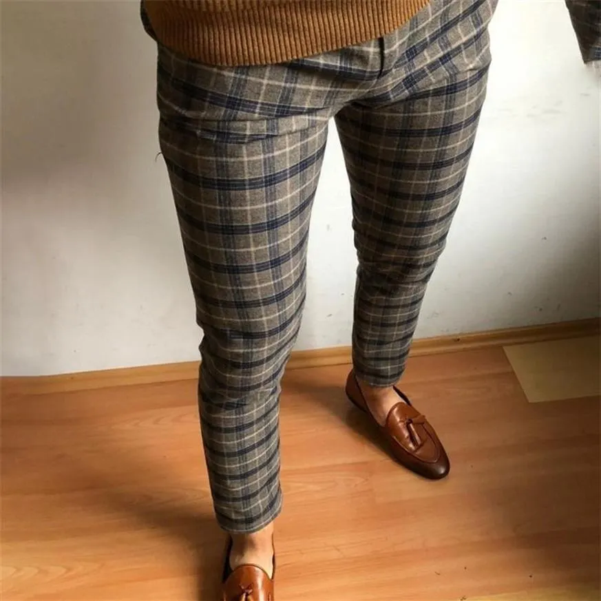 Pantaloni da abito scozzesi vintage da uomo Pantaloni da abito formale Pantaloni da abito casual da uomo Pantalon classici a quadri Festa di nozze279s