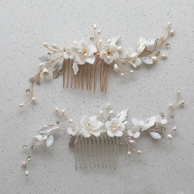 Hair Clips SLBRIDAL Handmade Alloy Leaf Opal Crystal Ceram Flower Freshwater Pearls Bridal Comb Wedding Accessories Women Jewelry