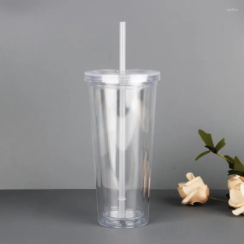 Tumblers 1 pcs 350/450/650ml Double-walledIce Plasticiced Tumbler Bebida Fria Caneca de Viagem Suco de Café Copo de Chá com Palha Reutilizável Smoothie