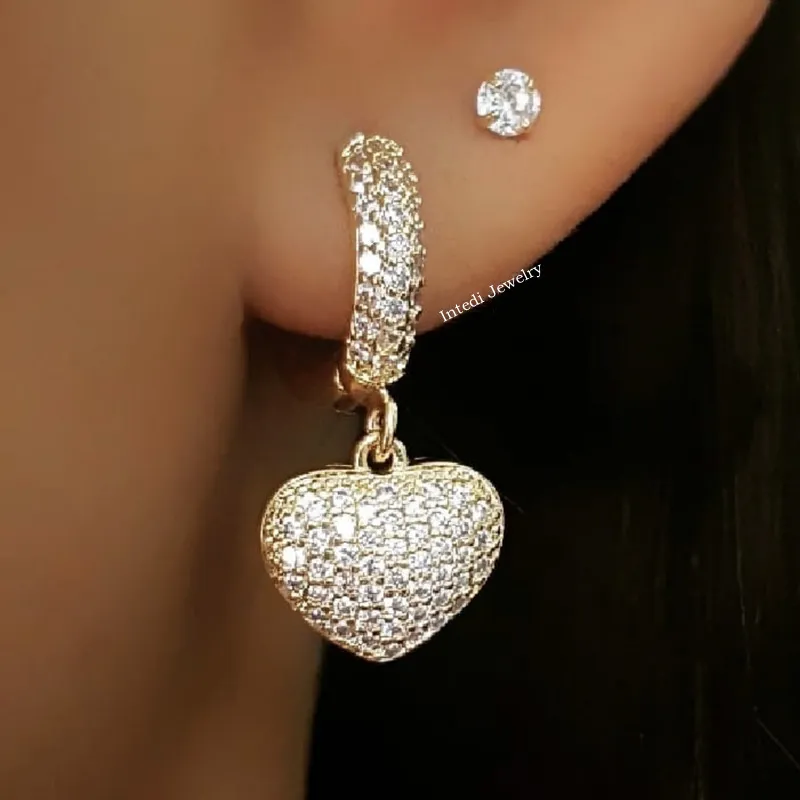 Dangle Chandelier Vintage Heart Pendant Cubic Zirconia Stone Earrings For Women Luxury Gold Color Tiny Drop Earring Girl CZ Fashion party jewelry 230413