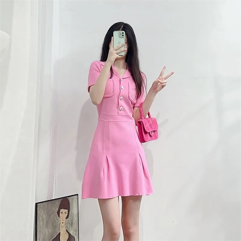 Casual Dresses Polo Neck Knitted Lace Pink Dress Summer Slim Waist Thin Fashion Mini Skirt Female 230413