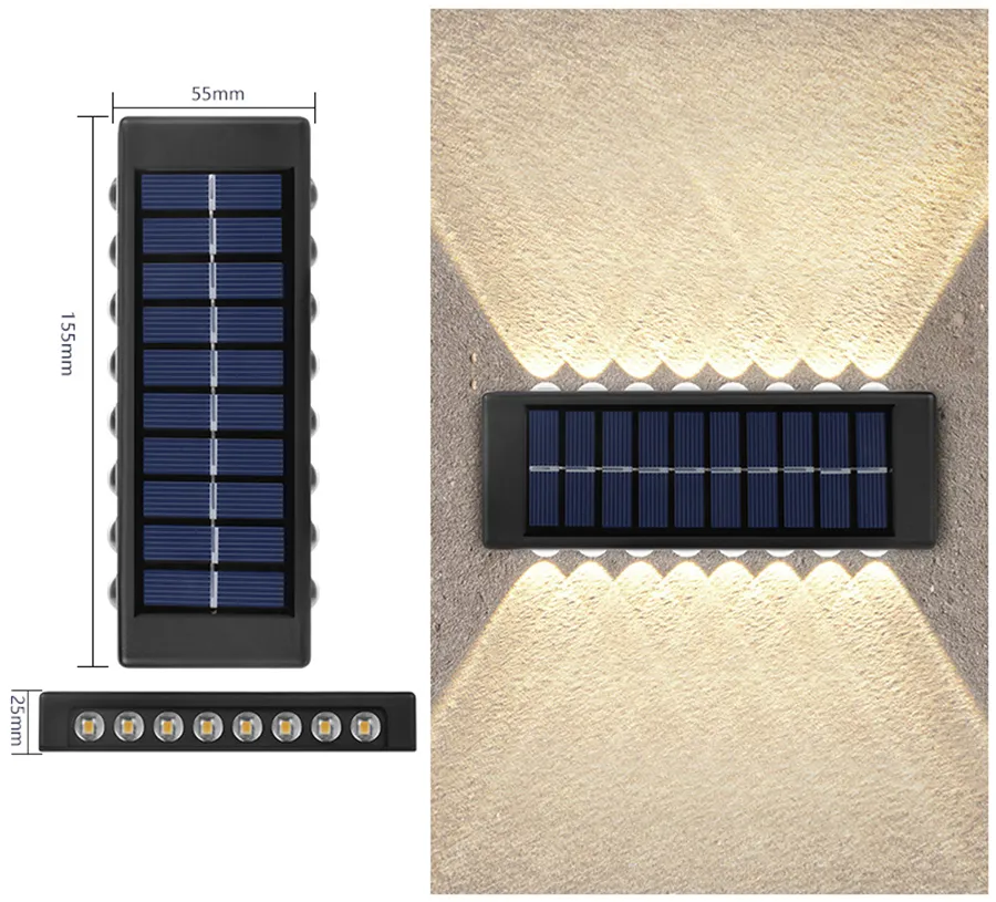 مصابيح الجدار في الهواء الطلق LED LED Solar Fence أضواء لأعلى ولأسفل مصباح يعمل بالطاقة الشمسية مقاوم للماء للمنزل خطوة على سطح السفينة الفناء