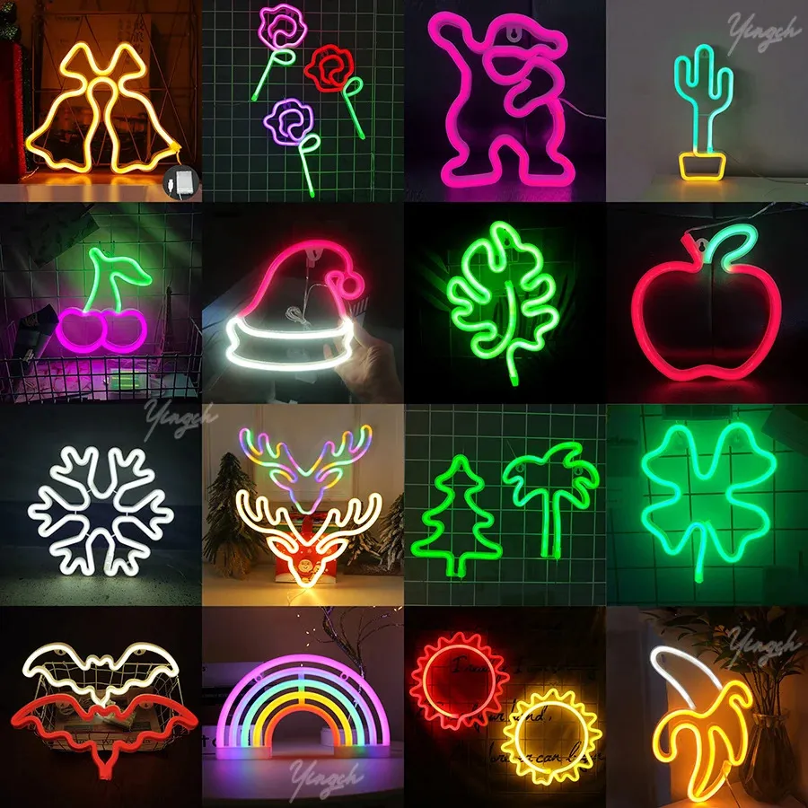 Yenilik öğeleri LED neon tabela ışıkları duvar dekorasyonu gece şimşek yıldırım Noel ağacı şapka hayvan yarasa modelleme lambası dekor odası parti 231113