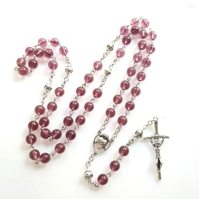 Naszyjniki wisiorek Cottvocatholic Modlitwa Kaplet Purple Szklane koraliki łańcuch serca Medal Crucifix krzyżowy Naszyjnik potwierdzający biżuterię