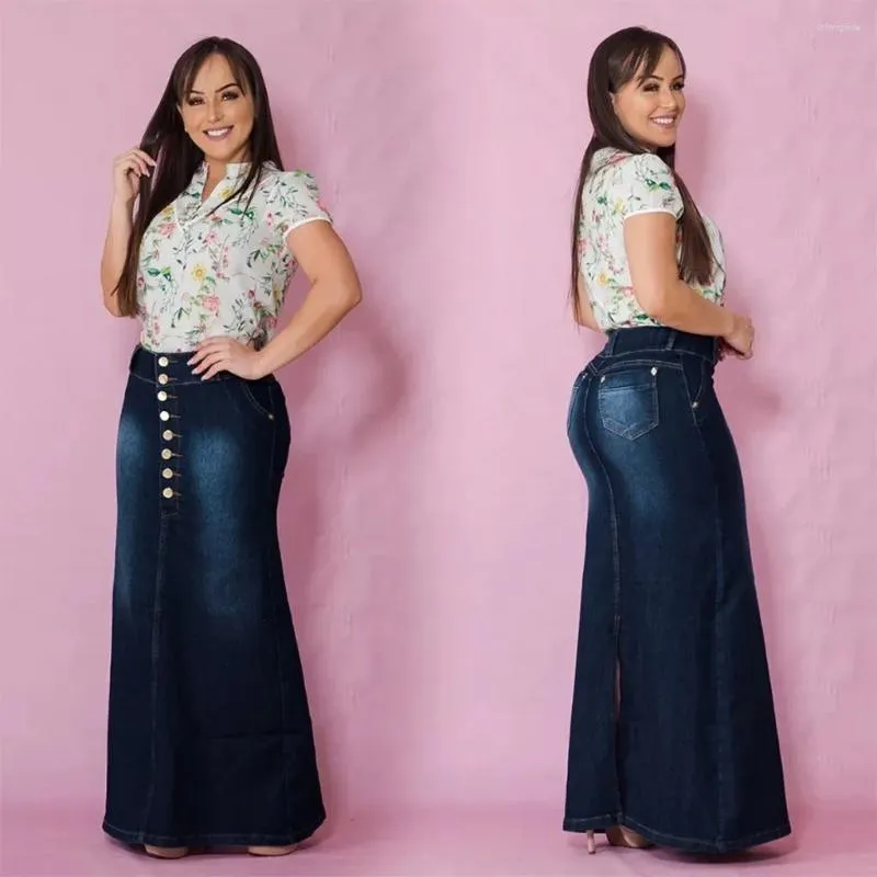 Etek denim kadınlar rahat ön düğme a-line orta uzunlukta jean vintage artı etek yaz sonbahar moda kadın