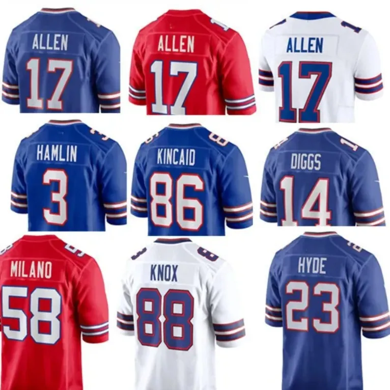 12 Jim Kelly Jersey 17 Josh Allen 4 James Cook Football Jersey 14 Stefon Diggs 13 Gabe Davis 86 Dalton Kincaid 88 Dawson Knox 58 Matt Milano 40 Von Miller Mens Womens Youth