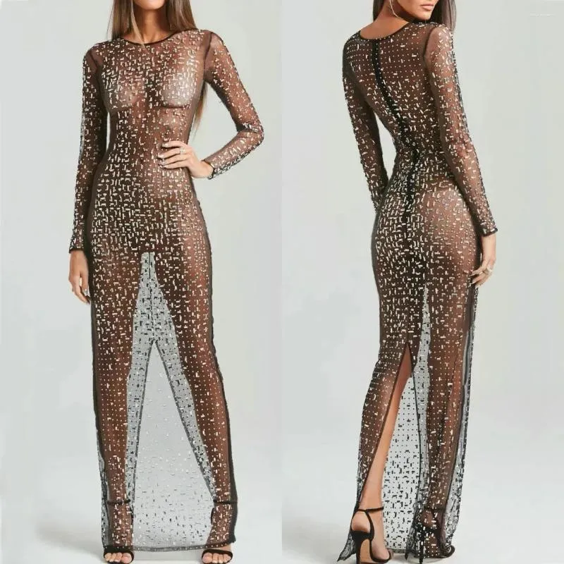 Casual Dresses Fashion Glitter Female Cover Up Maxi Dress Mesh See-Through Split Elegant Long Sleeve Slim Sexy Beach For Women