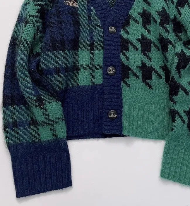 Suéter feminino manga comprida vintage xadrez verde com decote em V suéter solto cardigã