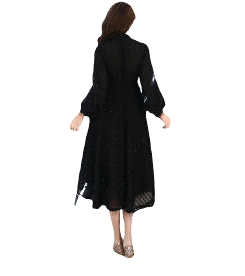 Czarne muzułmańskie sukienki wieczorowe A-line długie rękawy długość herbaty koronkowa Dubaj Saudyjska arabska długa elegancka suknia wieczorowa