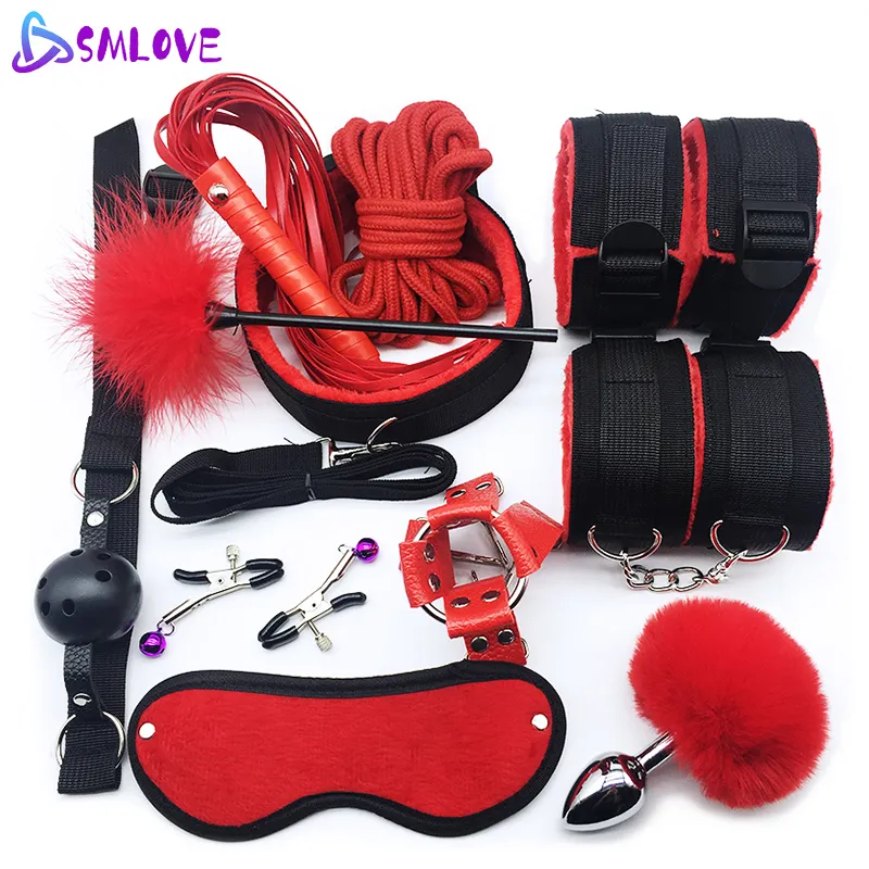 Jouets pour adultes SMLOVE Sex Menottes Collier Fouet Gag Pinces À Mamelons BDSM Bondage Corde Érotique Adulte Sex Toys Pour Femme Couples Anal Butt Plug Queue 230413