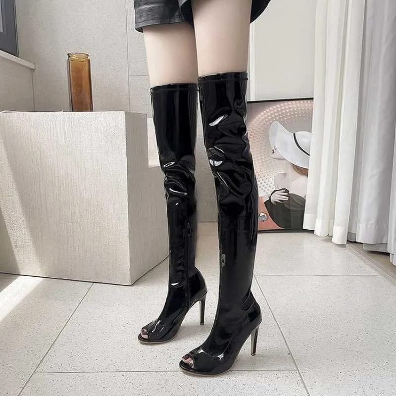 Boots Spring 2023 New Open Open Tee High Highly Women Boot Boot Heels Knight Boot Night Club Sexy Steel Pipe Dance Boot Black Knee Boot Muje AA230412