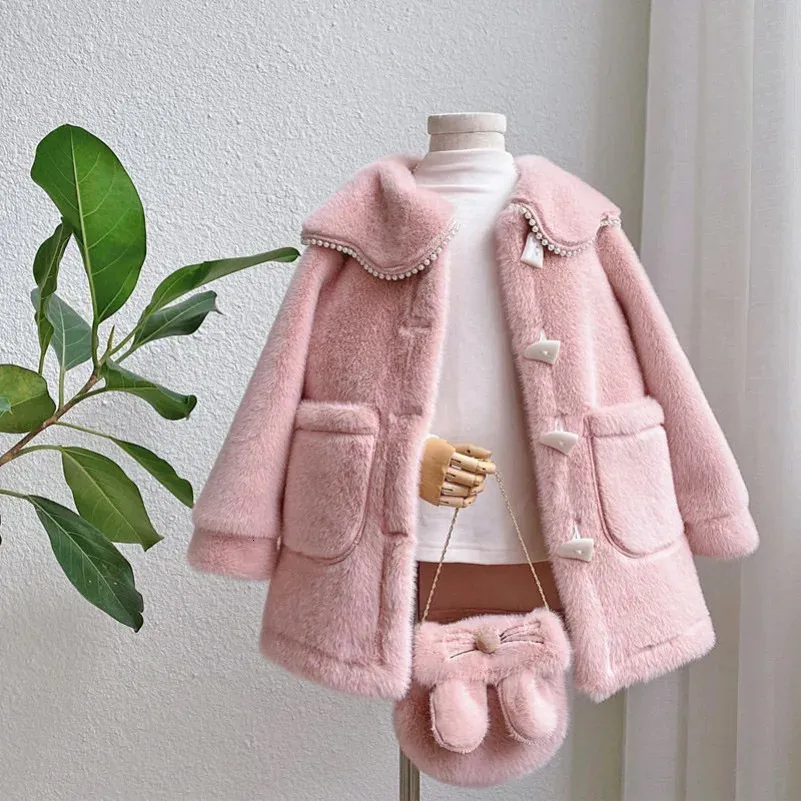 Coat Kids Girls Jacket Outwear Sweet Faux Fur Warm Plus Velvet Thicken Winter Woolen Outdoor Fleece Children's Clothes 231113