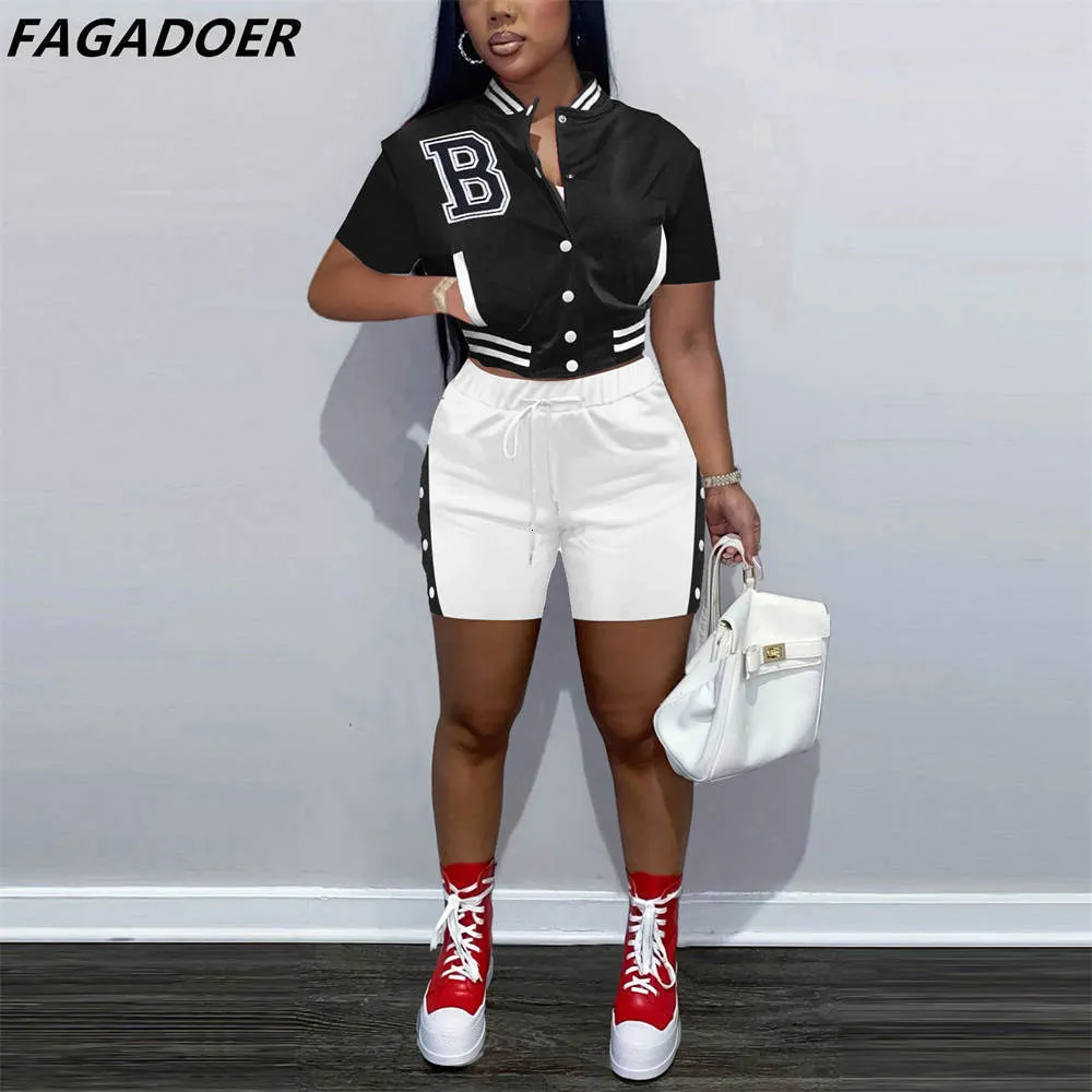 Fagadoer Fagadoer Casual Baseball Letter Prind Tracksuits Women Button Crop e shorts Conjuntos de duas peças