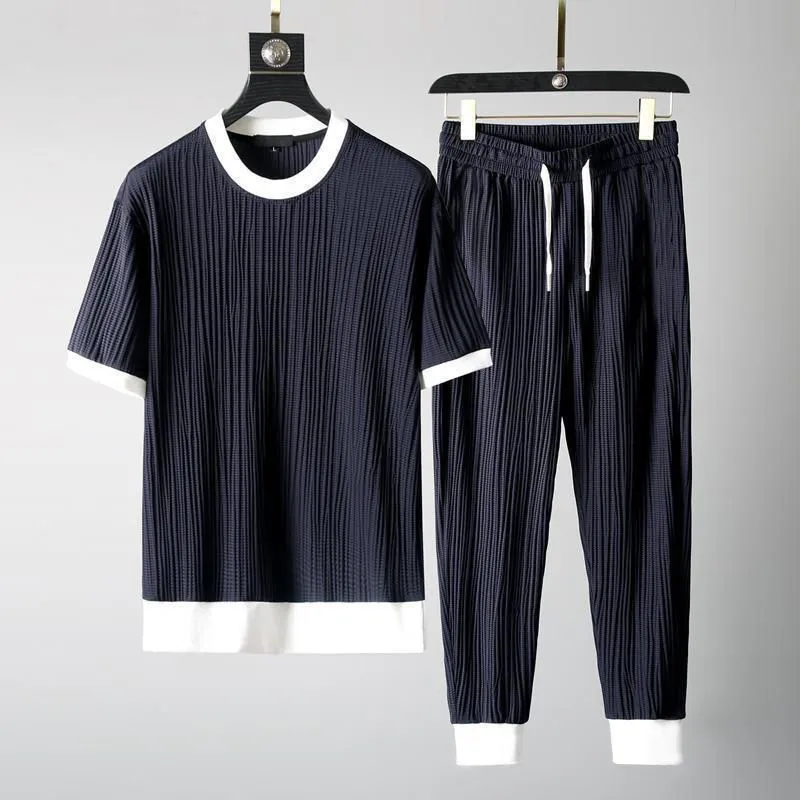 Men's Tracksuits Men's Two Piece Set Summer Thin Casual T-shirts Suit Tracksuit Men Elastic Sweatpants Breathable Pleated Long Trousers Suit 230413