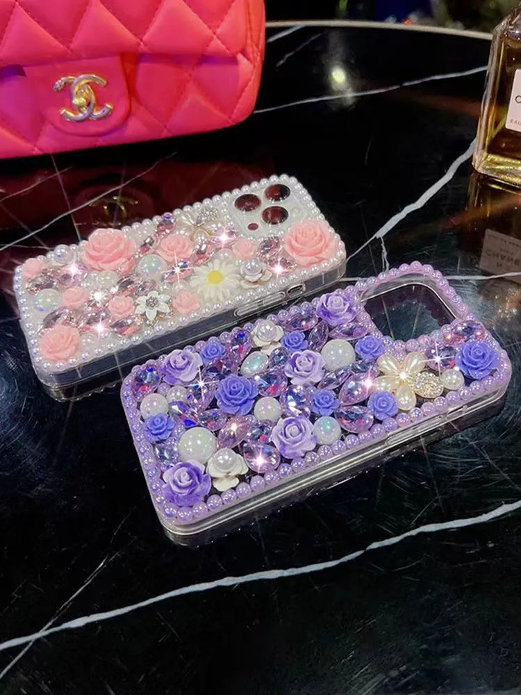 3D Flower Bling Diamond Falls för iPhone 15 14 Plus 13 Pro Max 12 11 X XR XS 8 7 6 SE2 Luxury Fashion Floral Hard Acrylic PC Plastic Soft TPU Rhinestone Girls Phone Back Cover Cover Cover Cover Cover Cover TOCK