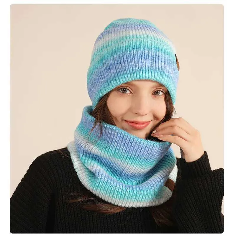 Charmingjolly 2 in 1 Outdoor Warm Tie-e Knit Scarf Hat Set European American Winter Women Men Unisex Gradient Color Fleece Scarf Beanie Kit Free Shipping