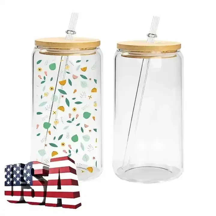 US STOCK 16oz Glass Water Bottles Sublimation Blanks Frosted Clear Can Shaped Mugs with bamboo lid reusable straw beer Soda tumblers 2 days delivery