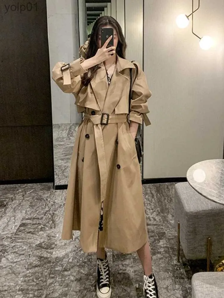 Women's Trench Coats Windbreak Jacket Women Trench Coat Topcoat Double-breasted Casual Coat Pure Color Autumn Winter Overgarment Waistband Lapel CoatL231113