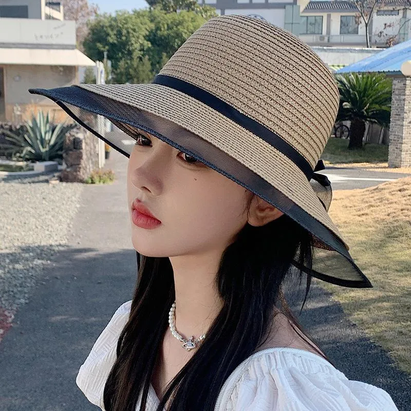 Wide Brim Hats 2023 Korean Fashion Simple Straw Hat Women's Summer Thin Bow Flower Visor Big Eaves Beach Mesh Dome Sun Cap Gorras Para