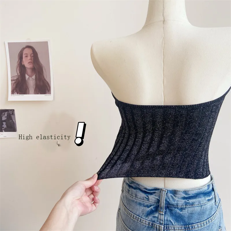 Tanks & Camis Hollow Out D-Metal Letter Yarn Knitted Tight Y2k Tube Top Off Shoulder Backless Halter Wipe Chest Top Short Slim Outside Wear Design