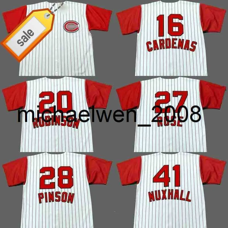 MICH28 28 VADA PINSON 16 LEO CARDENAS 27 PETE ROSE 20フランクロビンソン41 Jo​​e Nuxhall Baseball Jersey Stitched