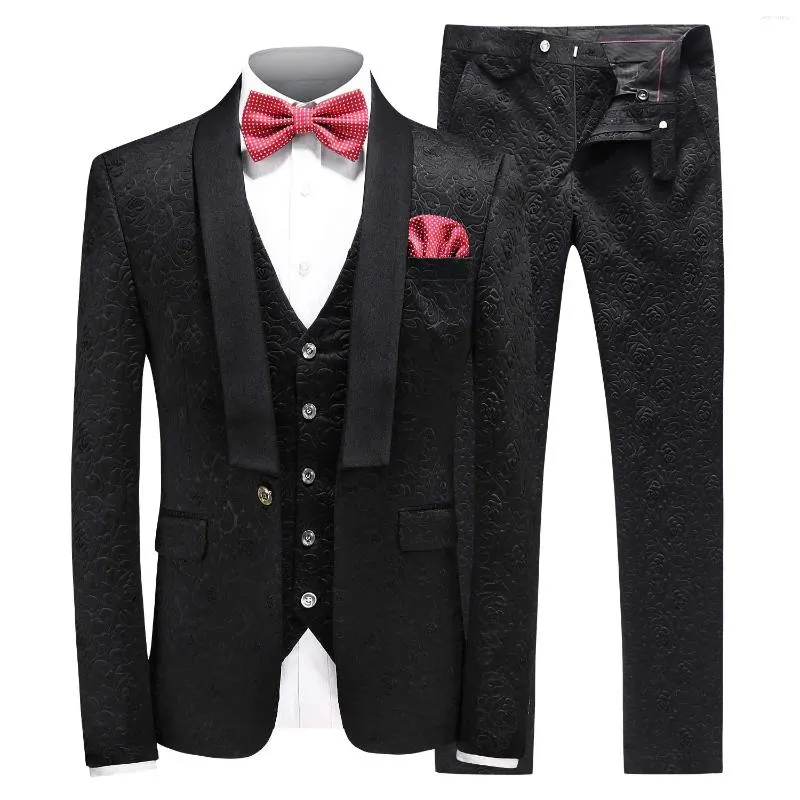 Men's Suits Jacquard 3 Piece Suit One Button Skinny Dress Jacket Tux Vest & Trousers