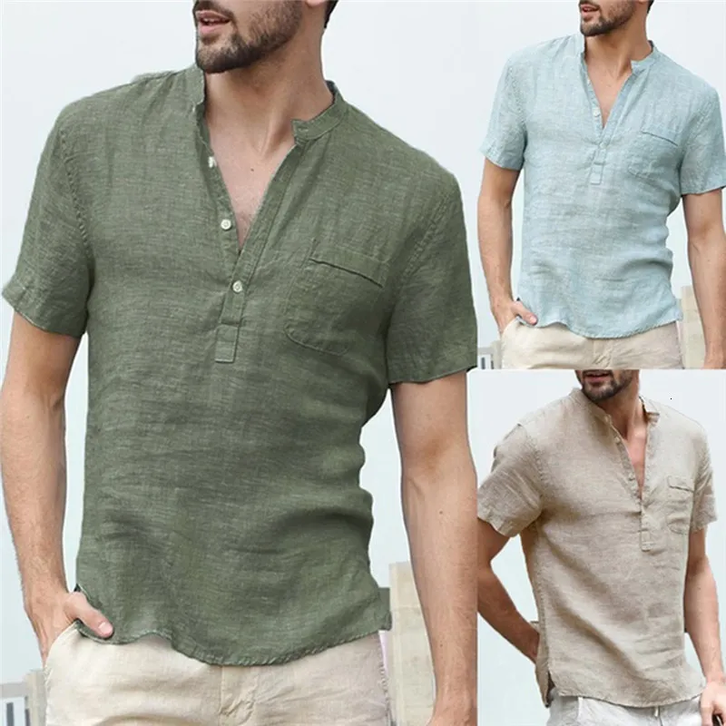 Мужские футболки летняя мужская льняная льняная футболка повседневная кнопка V-образного вырезок.