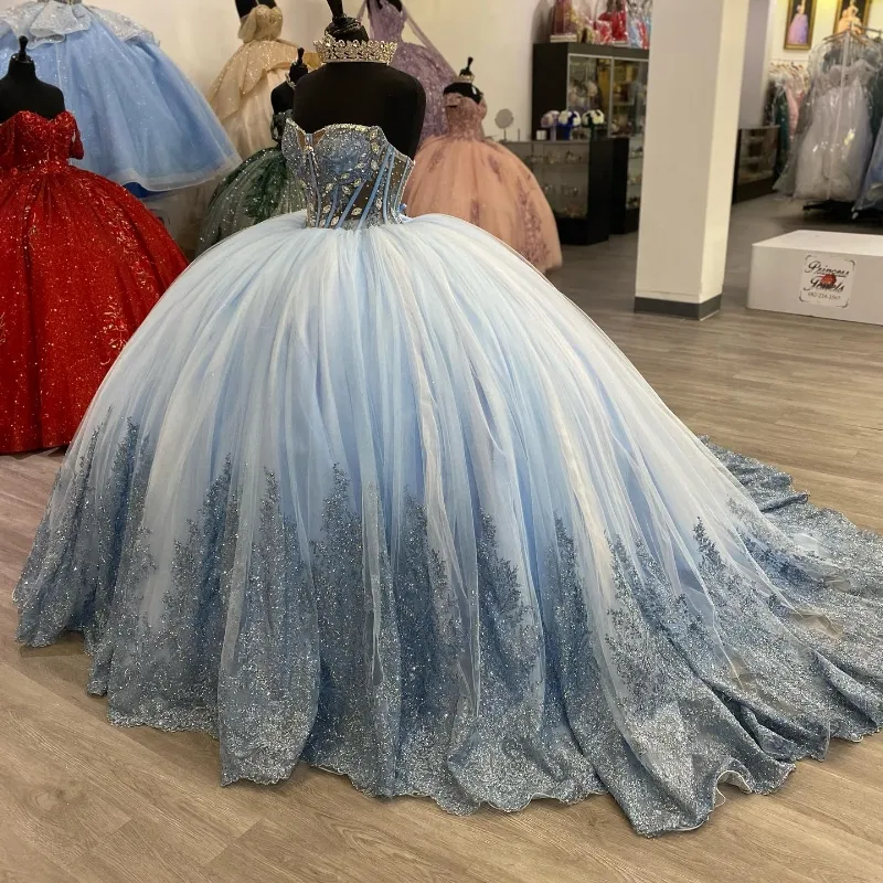 Sky Blue Quinceanera Sweet 16 Dresses Lace Applique 3D Flower Beading Crystal With Cape Lace-up Prom Ball Gowns Graduation