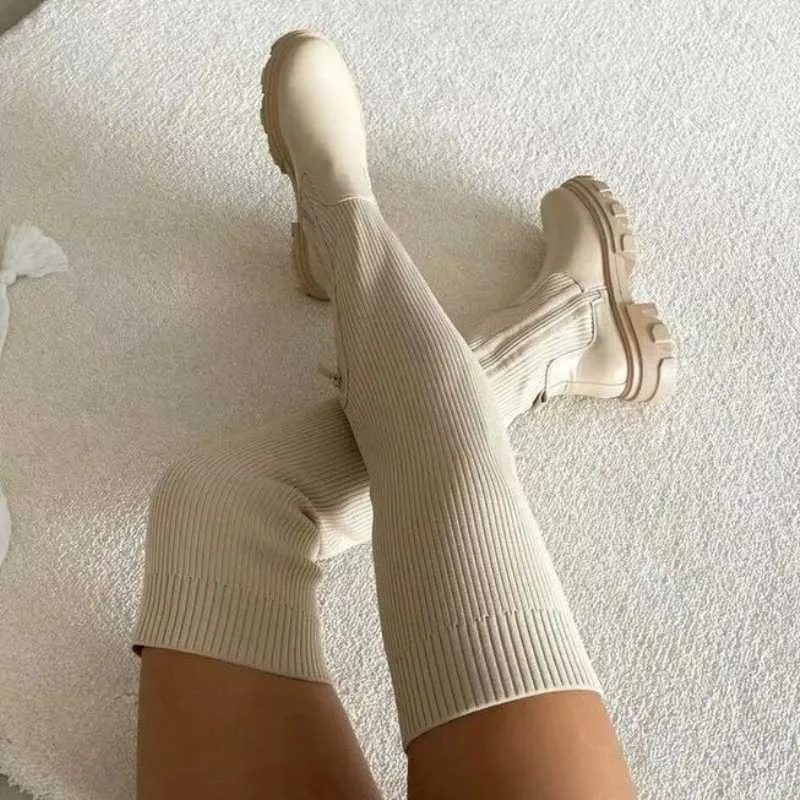 Buty kobiety długie buty rozciągają buty na dzianinowe buty na kolanach grube obcasy platforma zamka sukienne żeńskie buty AA230412