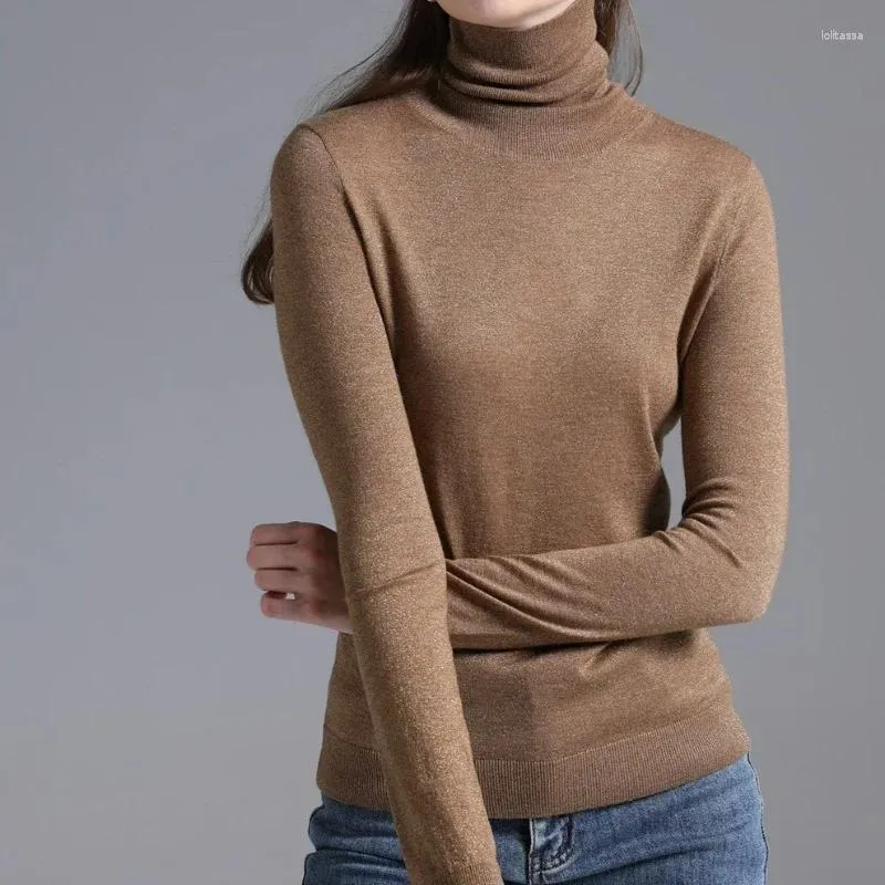 Suéteres de mujer Otoño e invierno Mujeres Color Sólido Cashmere Seda Mezclado Punto Cuello alto Camisa de fondo