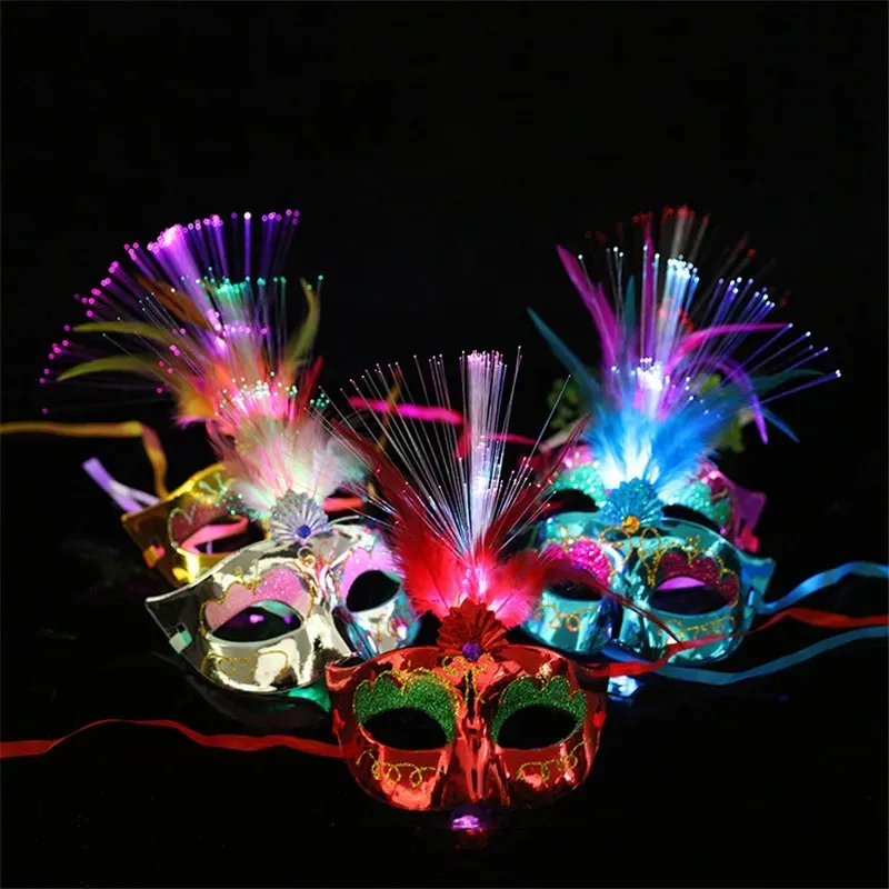 Masque vénitien en Fiber LED, mascarade, déguisement de fête, masques lumineux en plumes de princesse