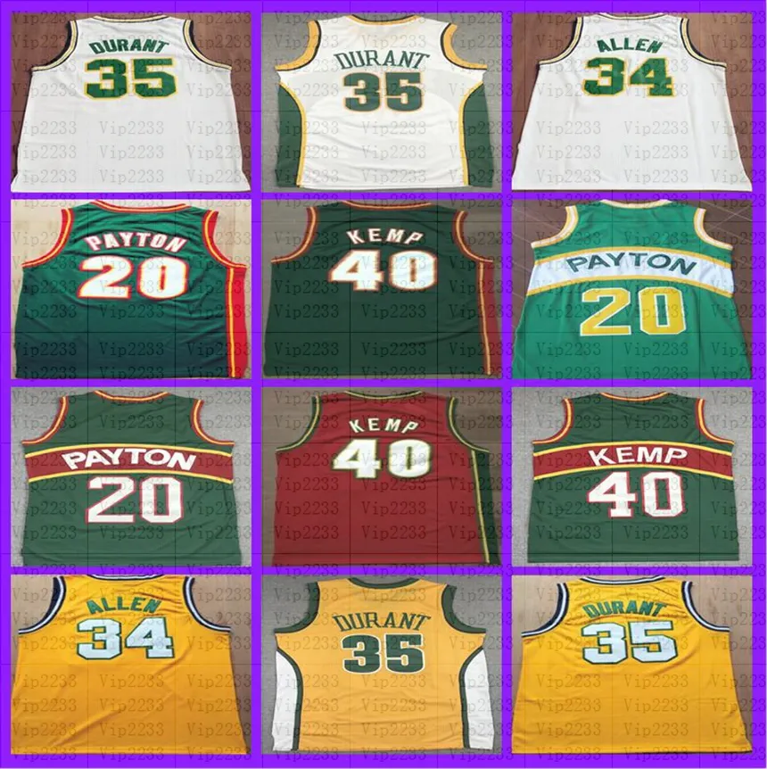 Mężczyźni Shawn Kemp Jersey Gary Payton Kevin Durant Ray Allen zszyte zielony żółty biały czerwony dom oddychający koszulka do koszykówki