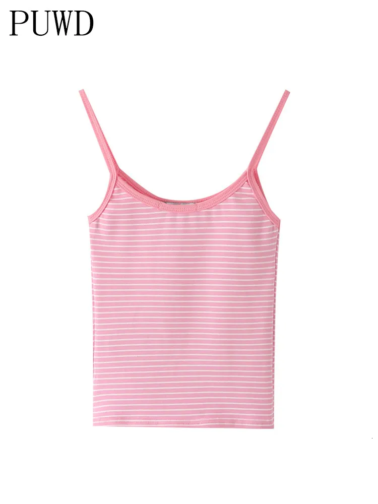 Camisoles Tanks Puwdカジュアル女性ピンク縞模様のソフトコットンタンク夏のファッションレディースヴィンテージスリムショートトップ