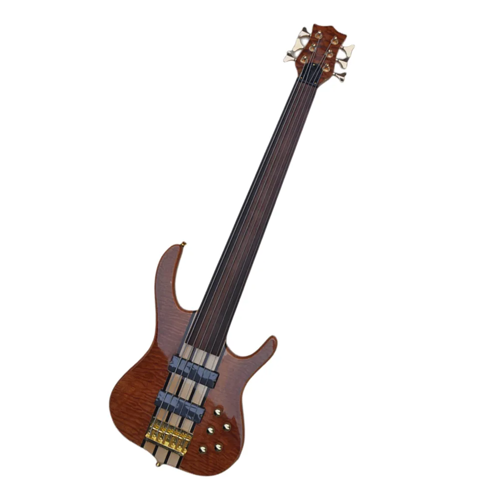 Basso elettrico fretless a 6 corde con hardware dorato Top in acero trapuntato Offerta logo/colore personalizzato