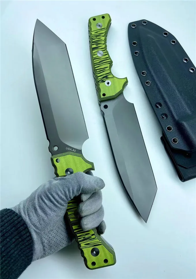 Nouveau couteau droit de survie en plein air haut de gamme A2, lame à pointe Tanto revêtue de titane gris, manche G10 vert complet avec Kydex